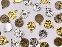 Load image into Gallery viewer, 15mm Pewter Dragonfly Carved Circle Pendants Cute Animal Coin One Sided Charms Bulk Order in Gold, Silver, Brass 125g