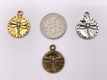 Load image into Gallery viewer, 15mm Pewter Dragonfly Carved Circle Pendants Cute Animal Coin One Sided Charms Bulk Order in Gold, Silver, Brass 125g
