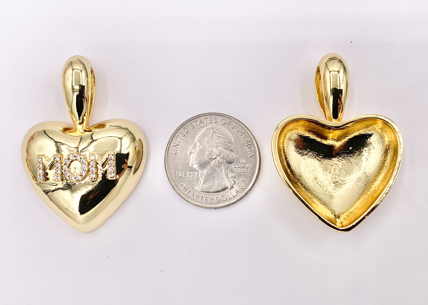 Large Puffy Heart Pendant with CZ MOM Letters Charms in 18K Gold Plated Copper Mother's Day Gift For Mom 3 PCS