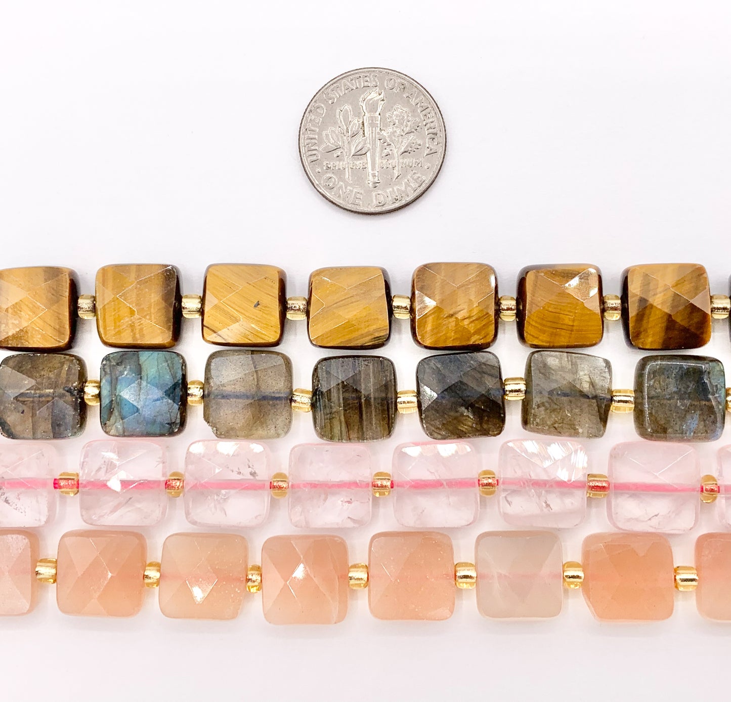 10mm Square Shape Rose Quartz/ Tiger's Eye/ Labradorite/ Pink Moonstone Flat Beads 15" Price 1 Strand