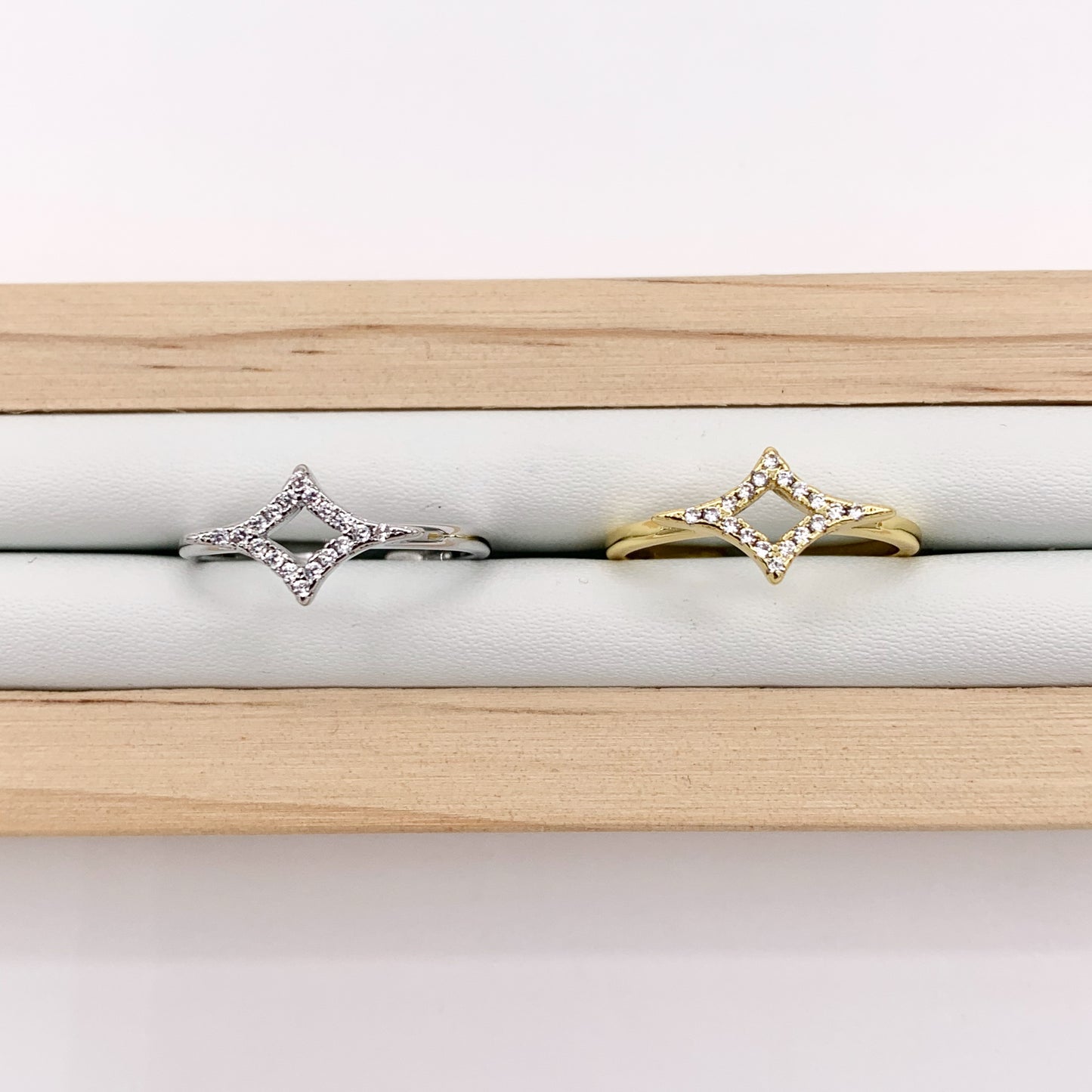 Dainty Diamond Shape Stackable Ring Gold/Silver 18K Plated Copper CZ Pave Adjustable Ring 4 PCS