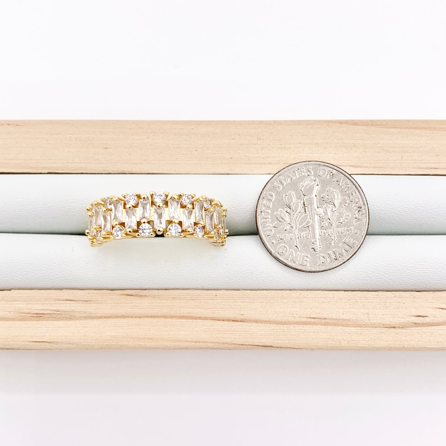 Glamourous Rhinestone Bridal Style Adjustable Baguette Rings in 18K Gold Plated Copper 4 PCS