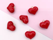 Cargar imagen en el visor de la galería, Red Enamel Heart Charm Double Sided Puffy Heart Valentine's Day Pendants in 18K Gold Plated Over Copper 10 PCS