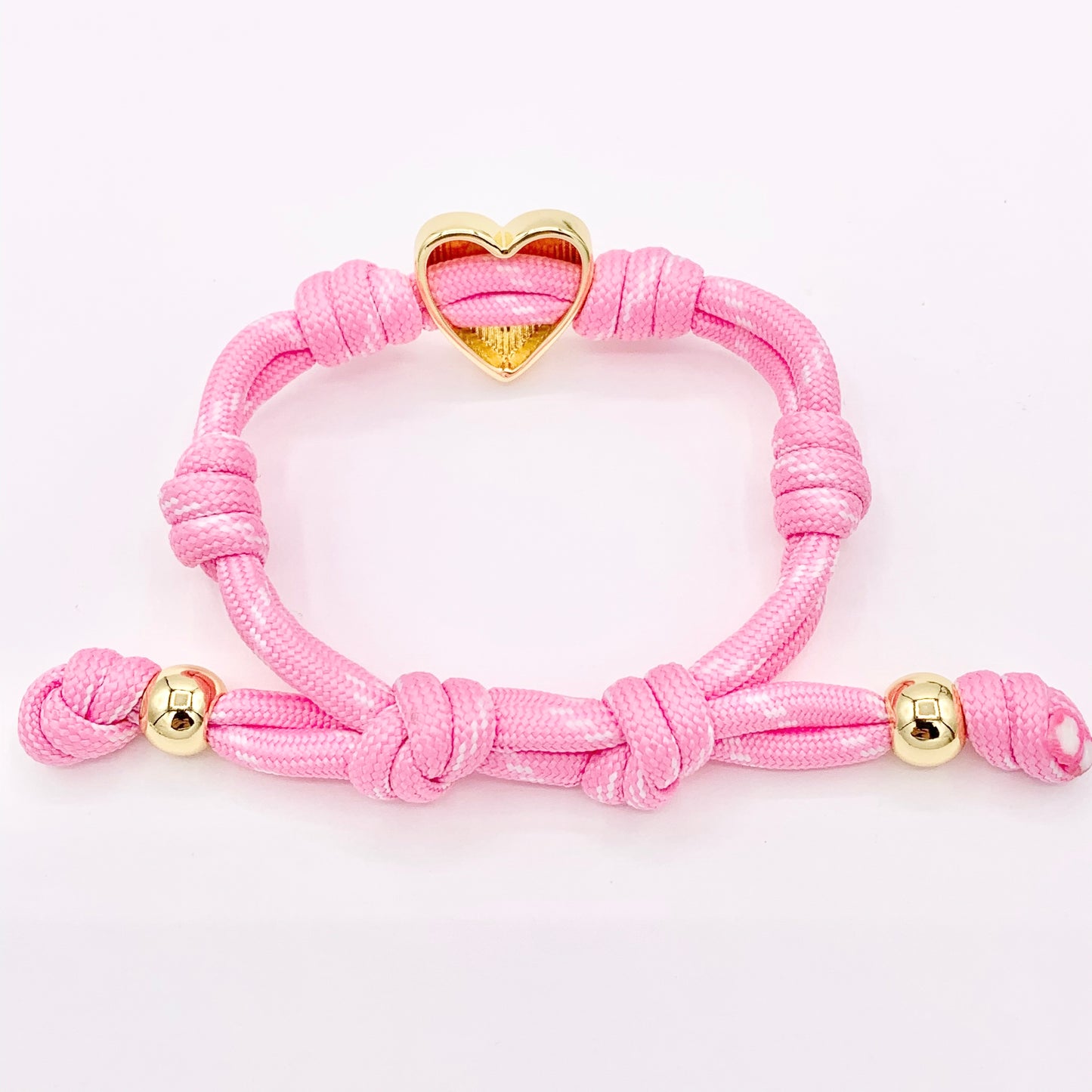 6-7" Pink & White Knotted Cord Adjustable Heart bracelet with 18K Gold Plated Findings 1PC