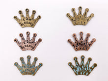 Load image into Gallery viewer, 31x21mm Pewter Crown Pendants Cute Large Tiara Charms Bulk Order in Gold, Silver, Brass, Copper and Patina