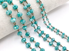 Load image into Gallery viewer, Turquoise AB Color Crystal Roundelle Faceted Rosary Beaded Chain With Brass Wire By Spool 6mm 8mm 10mm
