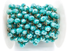 Load image into Gallery viewer, Turquoise AB Color Crystal Roundelle Faceted Rosary Beaded Chain With Brass Wire By Spool 6mm 8mm 10mm