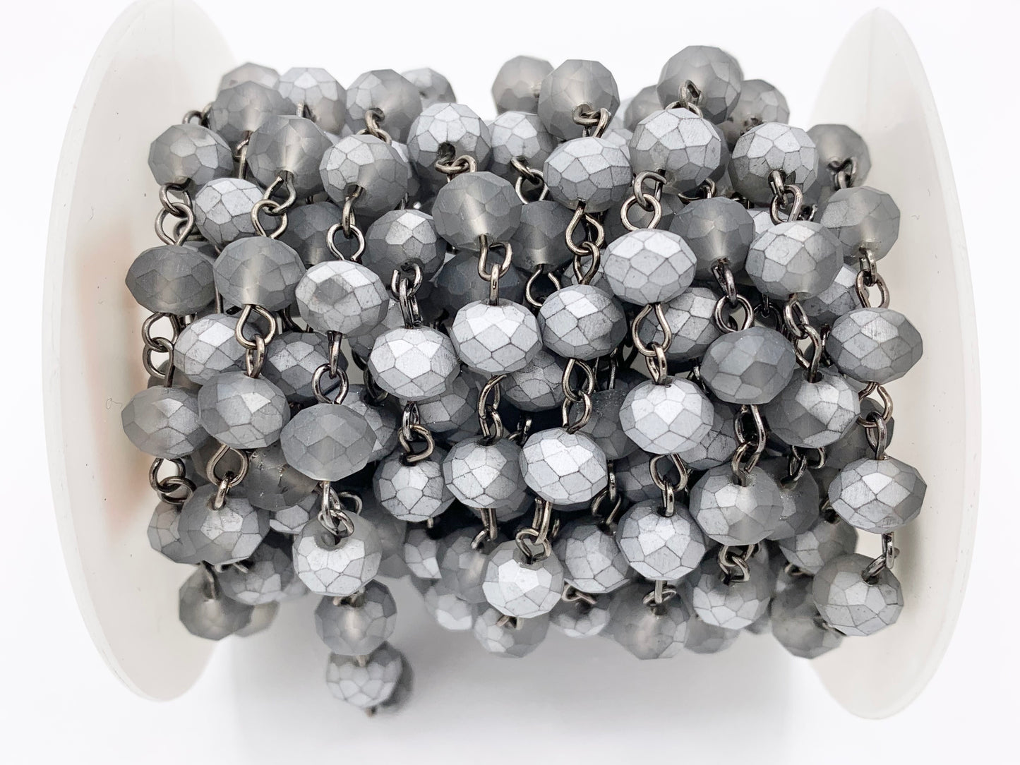 Matte Gray Crystal Half Coated Rondelle Faceted Rosary Beaded Chain With Gunmetal Wire By Spool 6mm 8mm