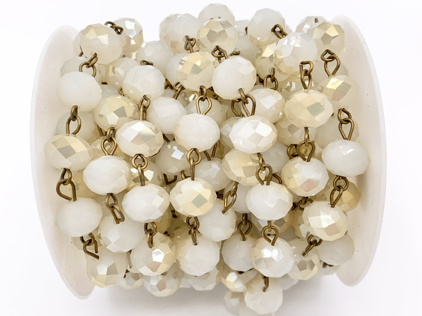 Cream Half Coated Crystal Rondelle Faceted Rosary Beaded Chain With Brass Wire By Spool 6mm 8mm 10mm