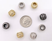 Load image into Gallery viewer, 7.5x9mm Barrel Shape Large Hole Spacers Micro CZ Pave Beads in Real 18K Gold/Platinum/Gunmetal Plated Over Copper 8PCS