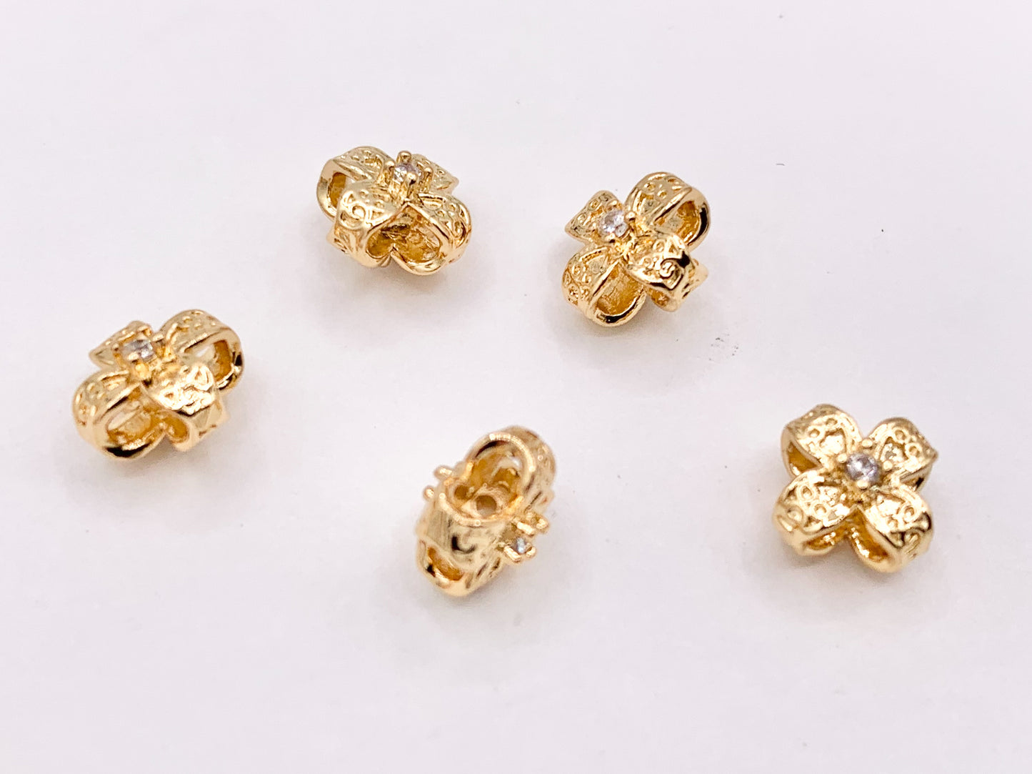 Dainty Mini Flower Quatrefoil Clover Pave Spacer Charms in Real Gold 18K Plated Micro CZ Over Brass 10 PCS