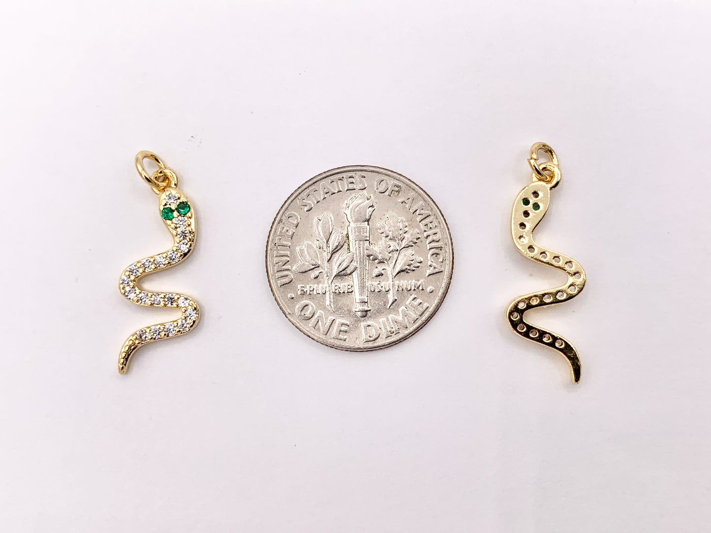 Dainty Cute Snake Charms in Cubic Zirconia 18K Gold Plated Brass For Jewelry Making 10 PCS