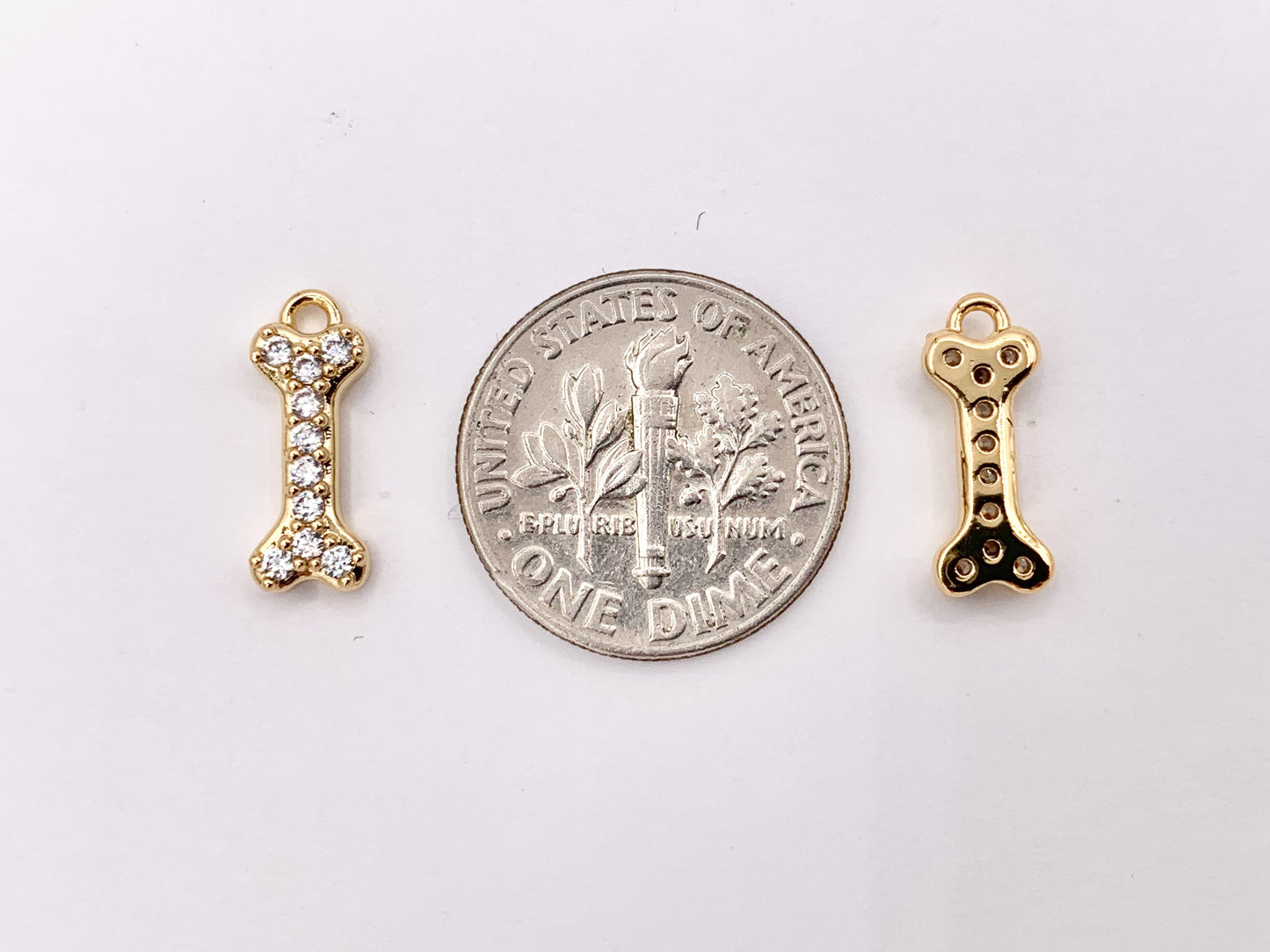 Tiny Cute Dog Bone Charms Small Bone Pendants in Real Gold 18K Plated CZ Pave Over Copper 10 PCS
