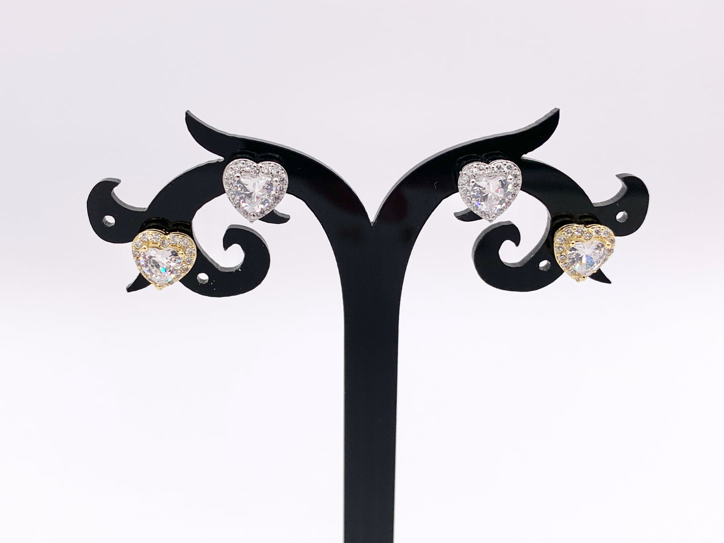 Cute Tiny Heart Earring Studs in Rhinestone CZ Pave Designed in 18K Gold or Silver Plated Copper 5 PAIRS