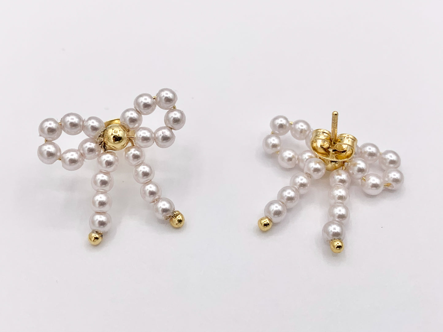 Cute Pearl Bowtie Beaded Earring Studs in 18K Gold Plated Over Copper Earrings 5 PAIRS