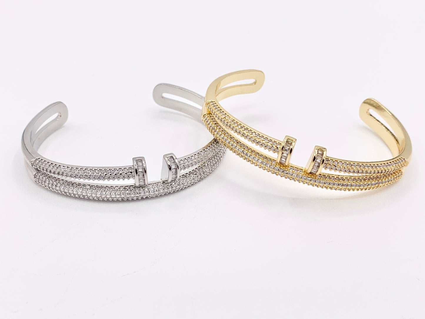 Trendy Designer Like CZ Pave Rhinestone 2 Layers Nail Adjustable Bracelet Cuffs in Real 18K Gold/Platinum Plated Copper 1PC