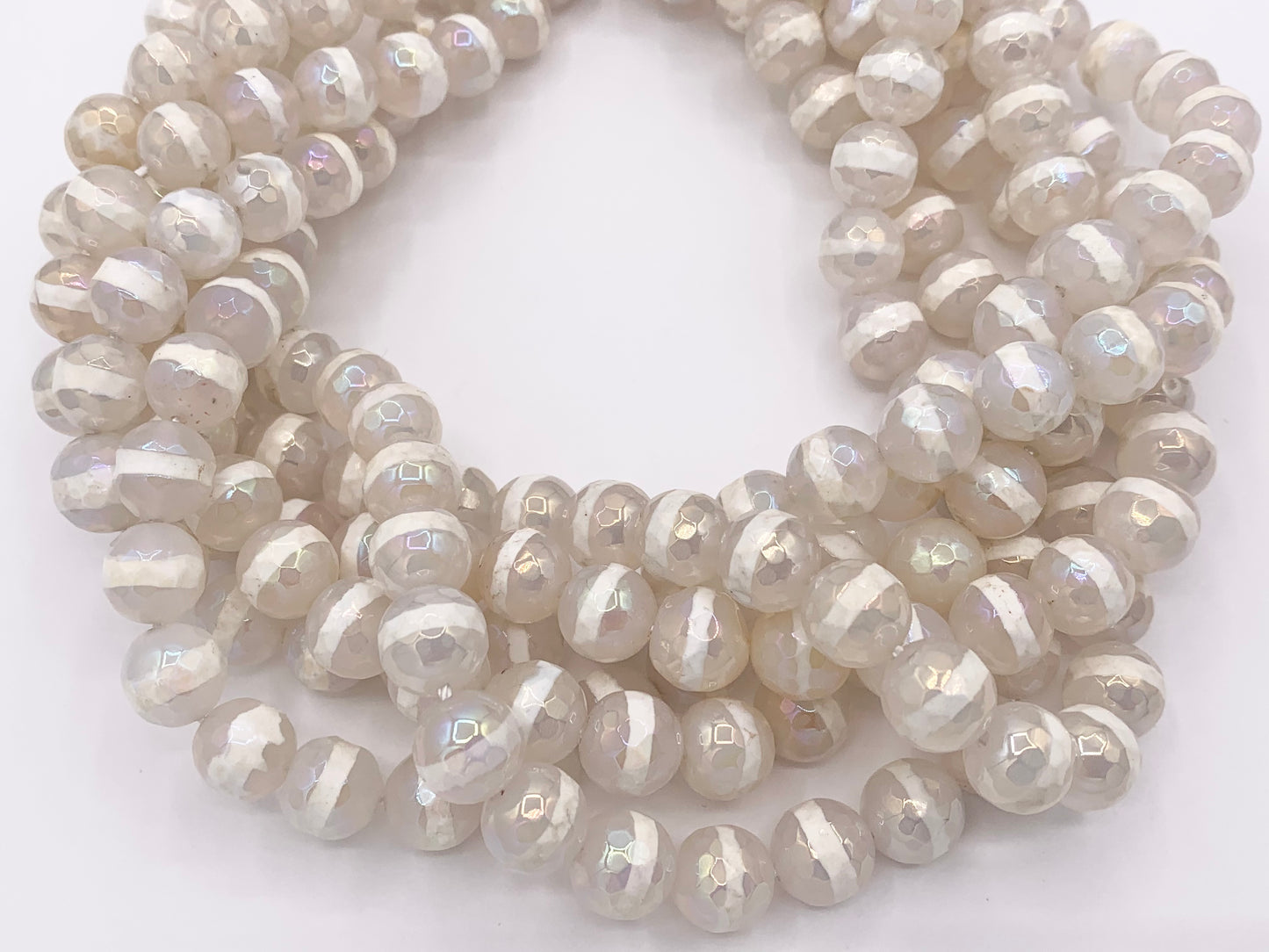 Electroplated Tibetan Agate Mystic Coated Faceted White Stripe Agate Beads 6mm 8mm 9-10mm 11-12mm Natural Stone Beads