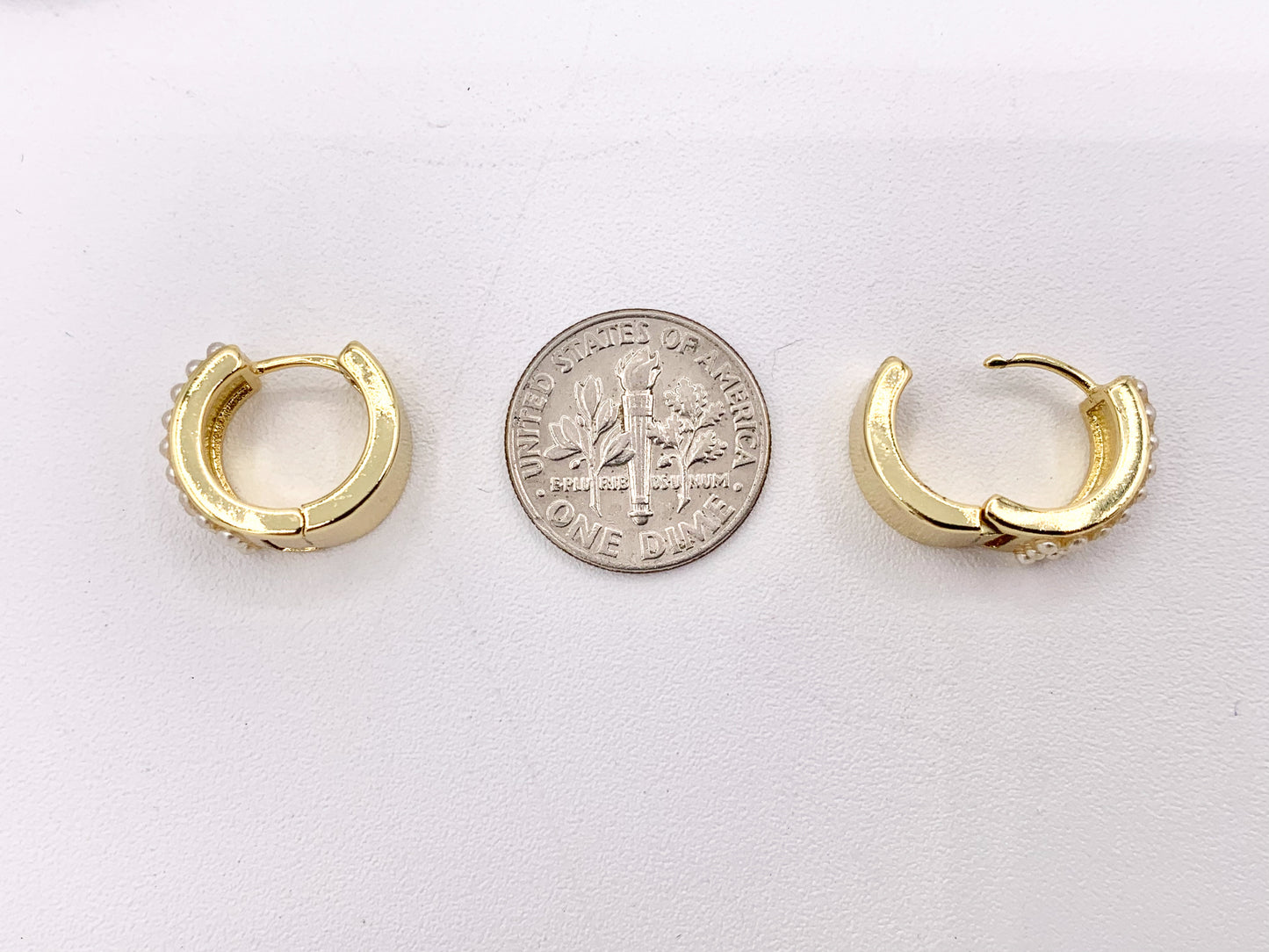 Dainty Pearl 14mm Earring Huggies in 18K Gold or Silver Plated Copper 3 PAIRS