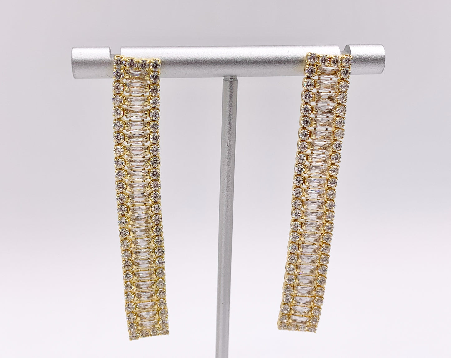 Drop Baguette CZ Pave Dangle Earrings in 18K Gold/Platinum Plated Copper 3 PAIRS