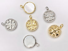 Load image into Gallery viewer, 16mm Coin Cross Charm White Lip Shell St Benedict Cute Tiny Religious Pendants in 18K Gold/Silver Plated over Copper 5 PCS