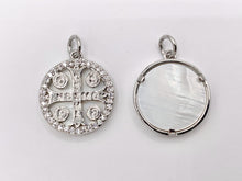 Load image into Gallery viewer, 16mm Coin Cross Charm White Lip Shell St Benedict Cute Tiny Religious Pendants in 18K Gold/Silver Plated over Copper 5 PCS