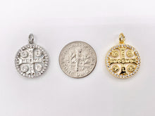 Load image into Gallery viewer, 16mm Coin Cross Charm White Lip Shell St Benedict Cute Tiny Religious Pendants in 18K Gold/Silver Plated over Copper 5 PCS
