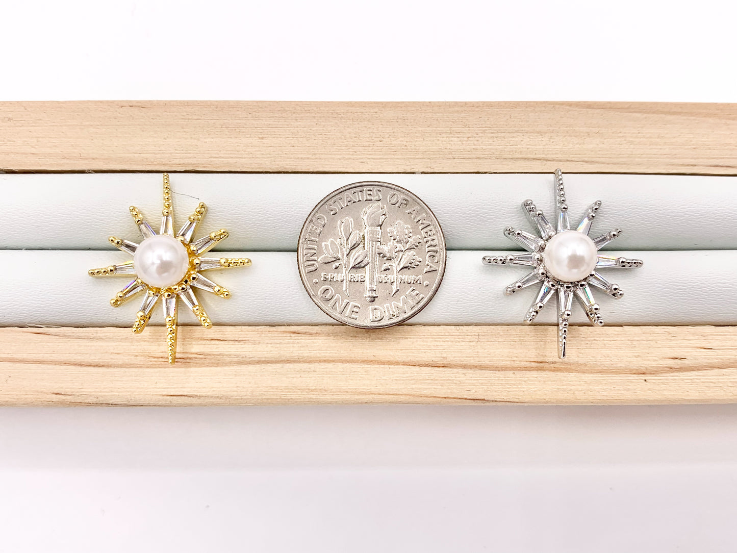 Starburst with Pearl Stud Earrings in Real 18K Gold/Platinum Plated Pave Over Copper 3 PAIRS