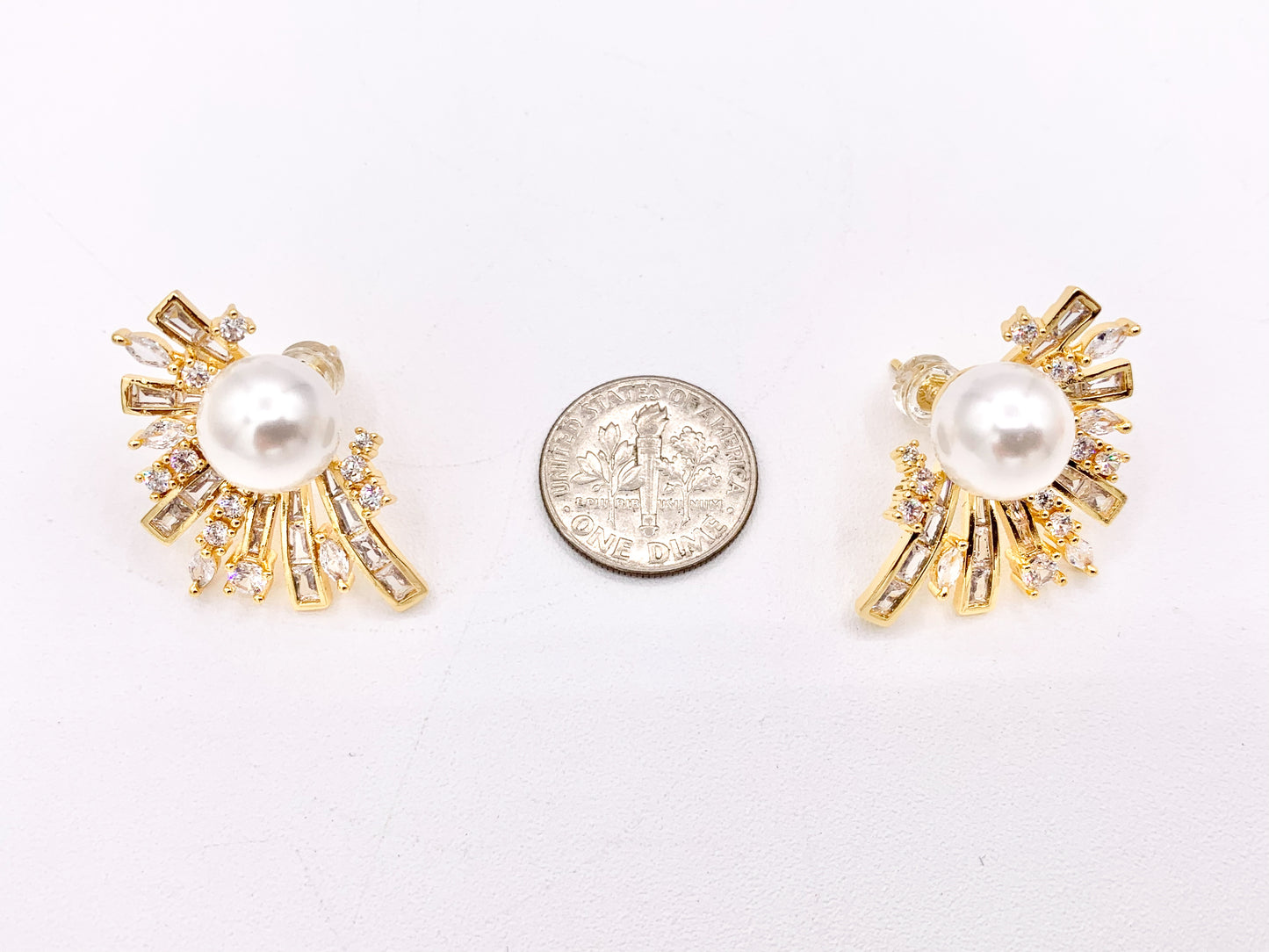 Big Statement Pearl Earrings Real Gold/Platinum 18K Plated Copper CZ Pave Abstract Baguette Radiant Fringe Earring 2 PAIRS