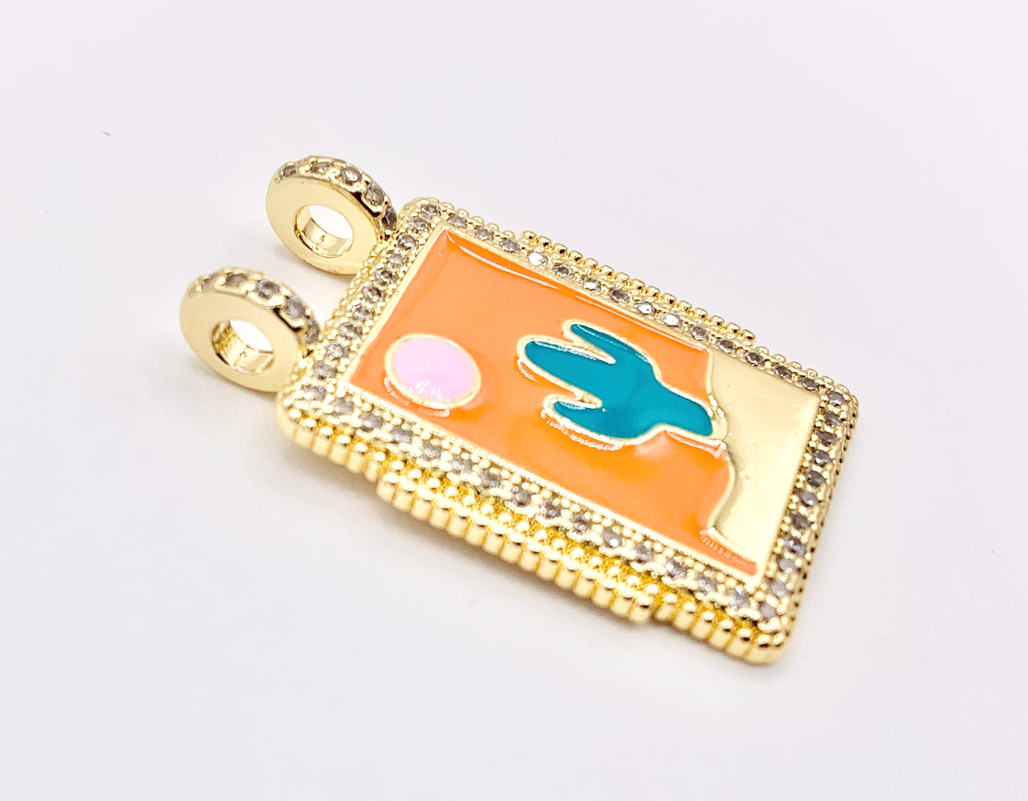 Large Enamel Cactus Rectangle Tag Pendant With 2 Loops in Real Gold 18K Plated Over Copper 5 PCS