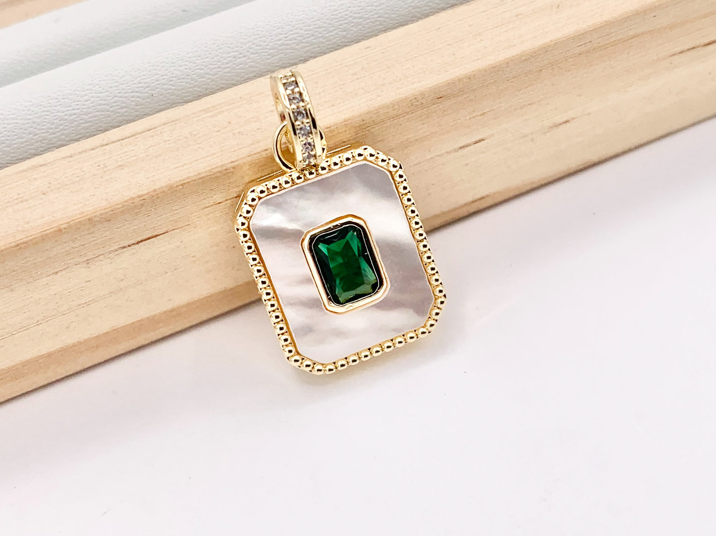 White Lip Shell Rectangle Pendants with Green CZ Pave in 18K Gold Plated over Copper 5 PCS