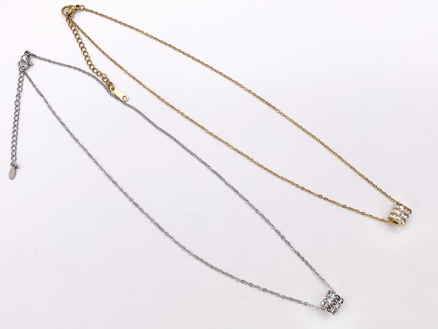 Delicate CZ Barrel Spacer Necklace Gold/Silver Plated Stainless Steel Dainty Flexible Minimalist Finished Necklace 16" with Extension Link