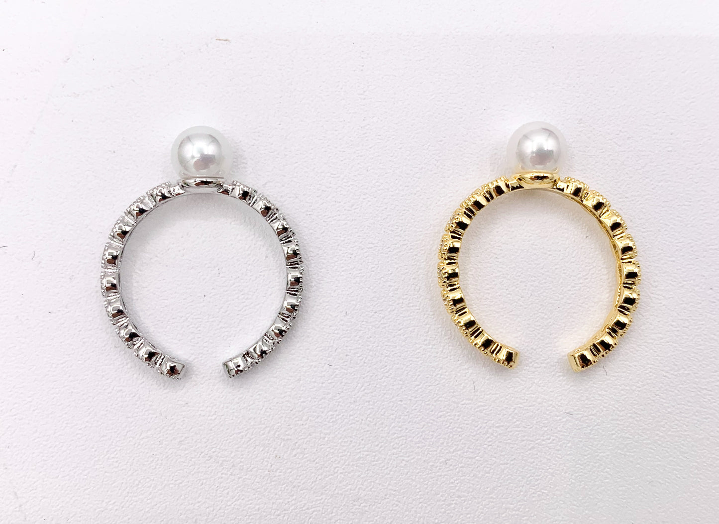 Single Pearl CZ Pave Adjustable Ring in Real Gold/Silver 18K Plated Copper 5 PCS