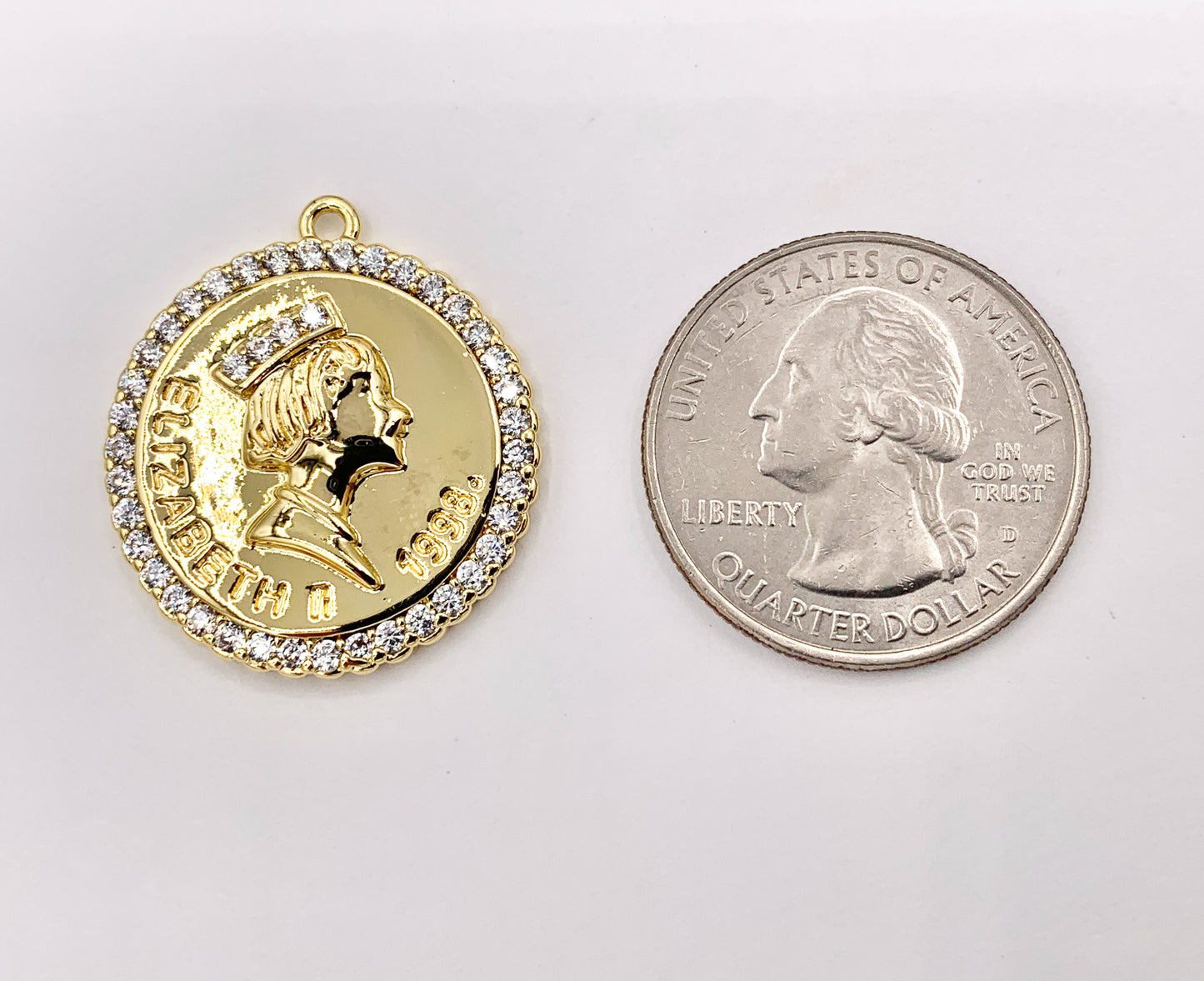 Queen Elizabeth Coin Pendant in CZ Pave 18K Gold Plated Copper 6PCS
