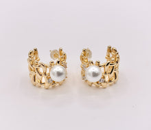 Load image into Gallery viewer, Thick CZ Pave Earring Hoop with Pearl in Real Gold 18K Over Copper 3 PAIRS