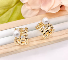 Load image into Gallery viewer, Thick CZ Pave Earring Hoop with Pearl in Real Gold 18K Over Copper 3 PAIRS