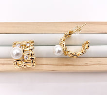 Load image into Gallery viewer, Thick CZ Pave Earring Hoop with Pearl in Real Gold 18K Over Copper 3 PAIRS