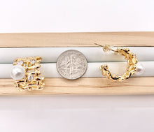Load image into Gallery viewer, Thick CZ Pave Earring Hoop with Pearl in Real Gold 18K Over Copper 3 PAIRS