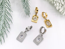 Load image into Gallery viewer, Stainless Steel CZ Pave Rectangle Earrings Huggies in 18K Gold/Silver plated Stainless Steel 3 PAIRS