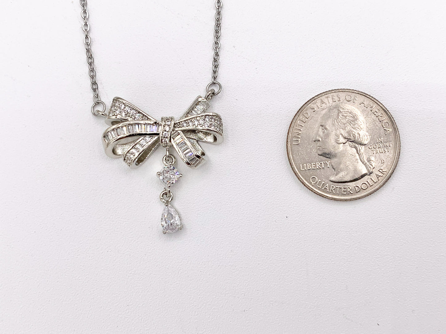 Delicate Bow Tie Dangle Necklace Silver Plated Stainless Steel Dainty Flexible Minimalist Finished Necklace 16" with Extension Link 1 PC