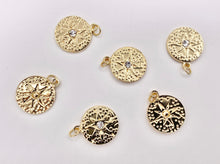 Load image into Gallery viewer, Charming Starburst Coin Circle Charms with CZ Pave in 18K Gold plated Stainless Steel 8 PCS