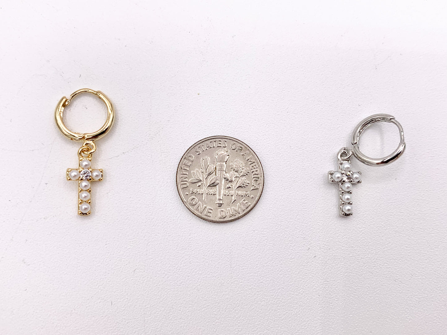 Cute Dangle Pearl Cross Huggie Earrings with CZ Pave in 18K Gold/Platinum Plated Copper 4 PAIRS