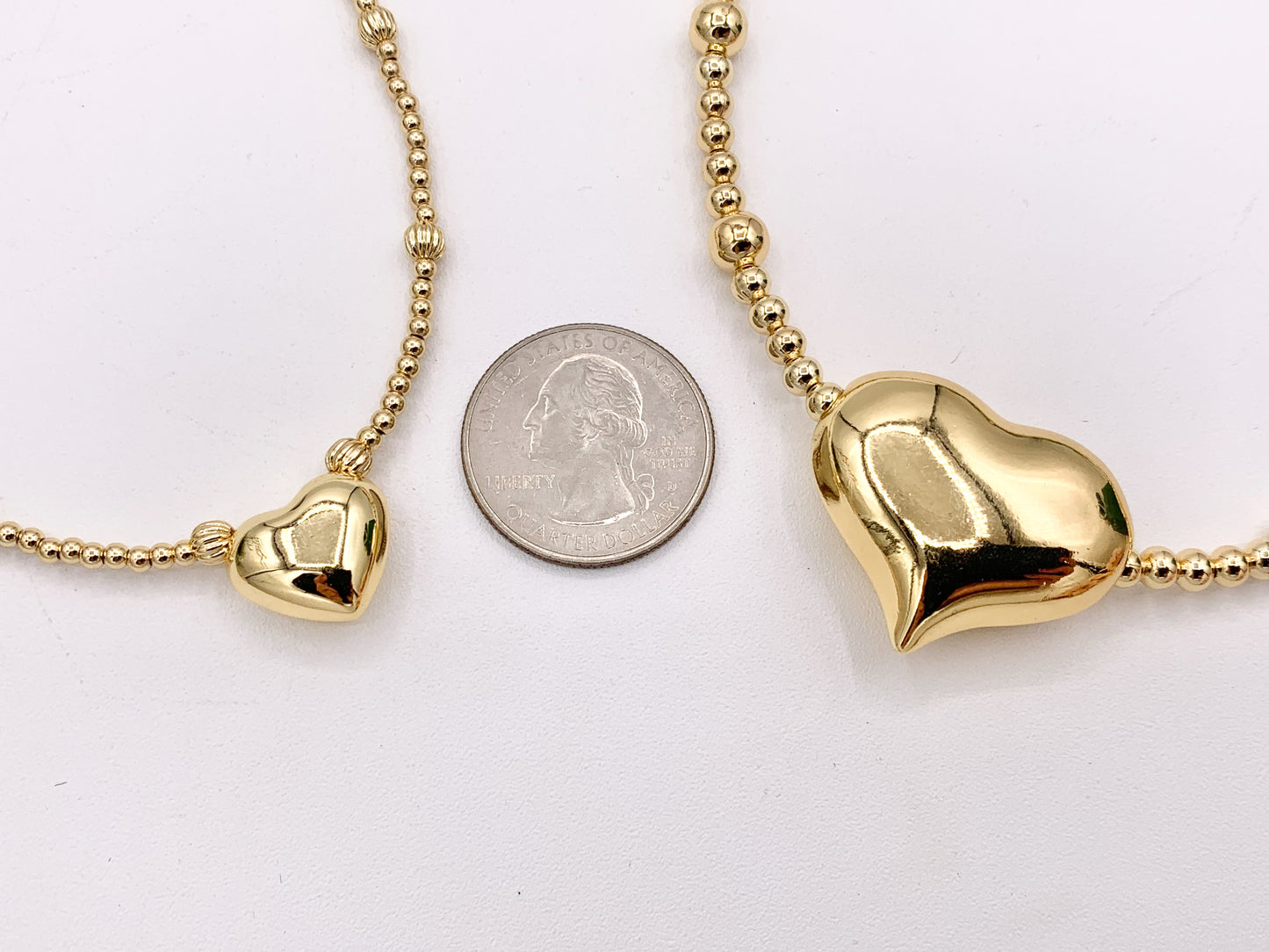 Delicate Puffy Heart Beaded Necklace Gold Plated Copper Dainty Flexible Minimalist Finished Necklace 16" with Extension Link 1 PC