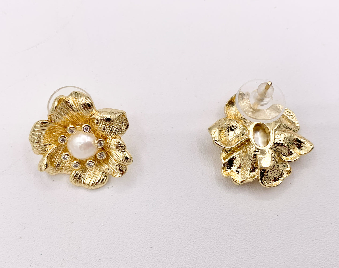 Big Freshwater Pearl Flower Earring Studs in Real 18K Gold Plated CZ Pave Over Copper 3 PAIRS