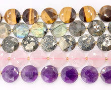 Cargar imagen en el visor de la galería, 15mm Shiny Coin Shape Hand Cut Gemstone Beads 15" Tiger's Eye/Labradorite/Rose Quartz/Amethyst/Pyrite 1 Strand