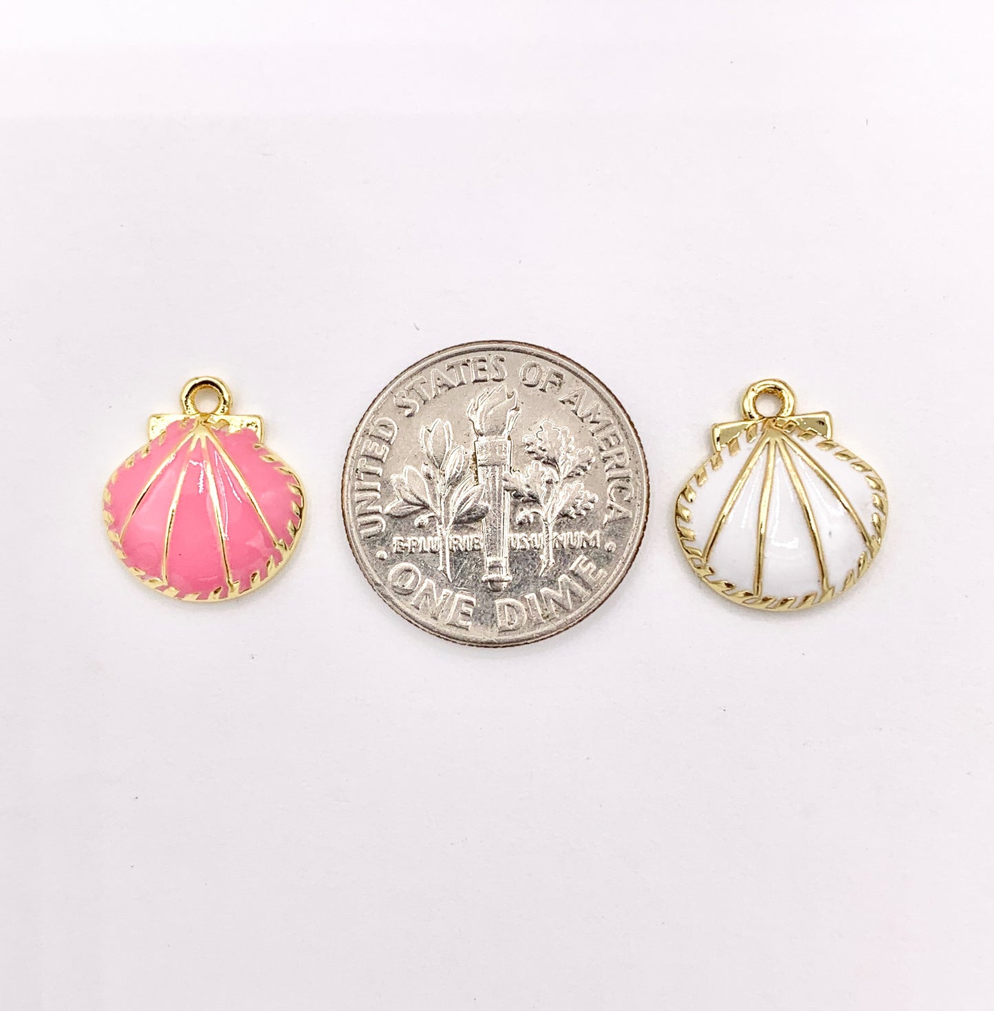 Cute Pink and White Enamel Shell Charms One Sided Pendants Plated in 18K Gold Copper Base 10 PCS