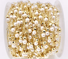 Load image into Gallery viewer, White Imitation Pearl Resin Pearl With Faceted Gold Beads Chain in Real Gold 18K Plated Copper By The Spool For Jewelry Making/Designs