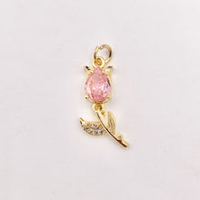 Load image into Gallery viewer, Dainty Dangle Pink Tulips Flower Charms in Real Gold 18K Plated Micro CZ Pave Over Brass 10 PCS
