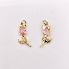 Load image into Gallery viewer, Dainty Dangle Pink Tulips Flower Charms in Real Gold 18K Plated Micro CZ Pave Over Brass 10 PCS