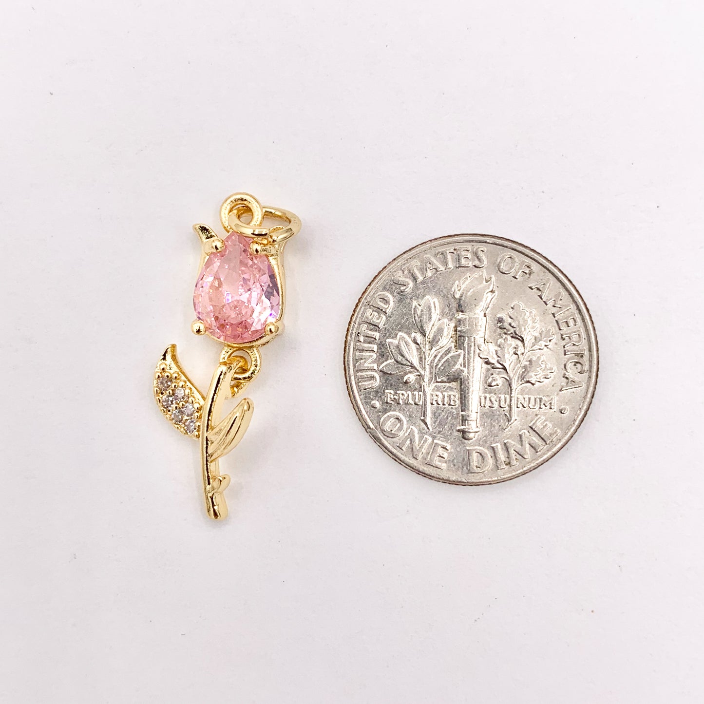 Dainty Dangle Pink Tulips Flower Charms in Real Gold 18K Plated Micro CZ Pave Over Brass 10 PCS