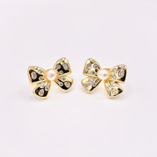 Load image into Gallery viewer, Cute CZ Pave Bowtie Studs with Pearl in 18K Gold plated Copper 4 PAIRS